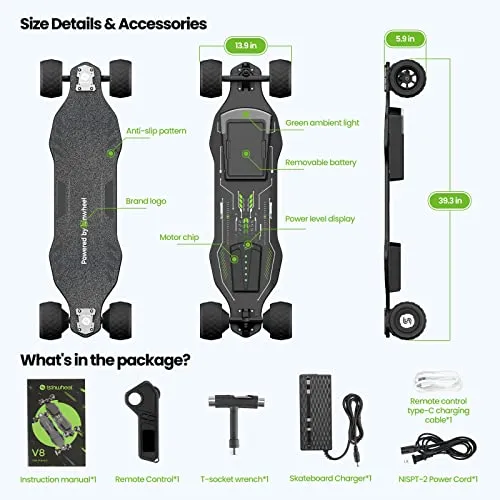 isinwheel V8 Electric Skateboard with Remote, 1200W Brushless Motor, 30 Mph Top Speed & 12 Miles Range, IP54 Waterproof, Electric Longboard for Adults ＆Teens with Green Ambient Light