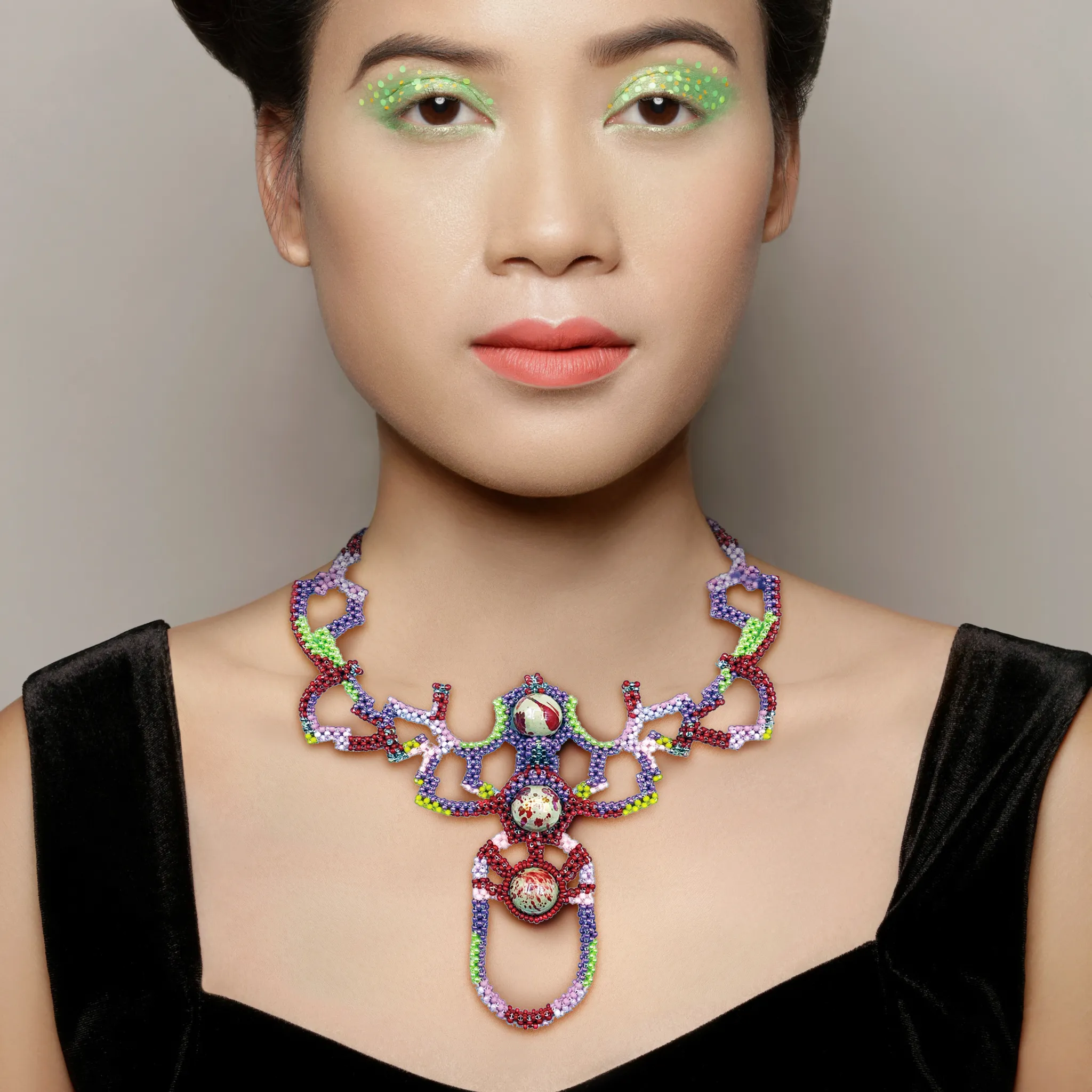 Japanese and Vintage Beads Beetle Collar Necklace