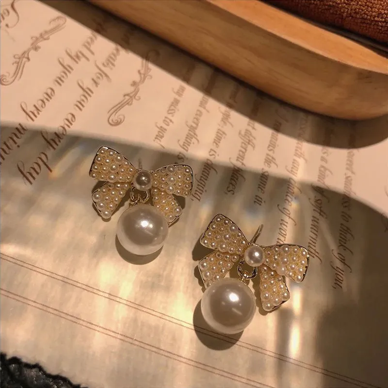 Korean Bow Tie Pearl Stud Earrings