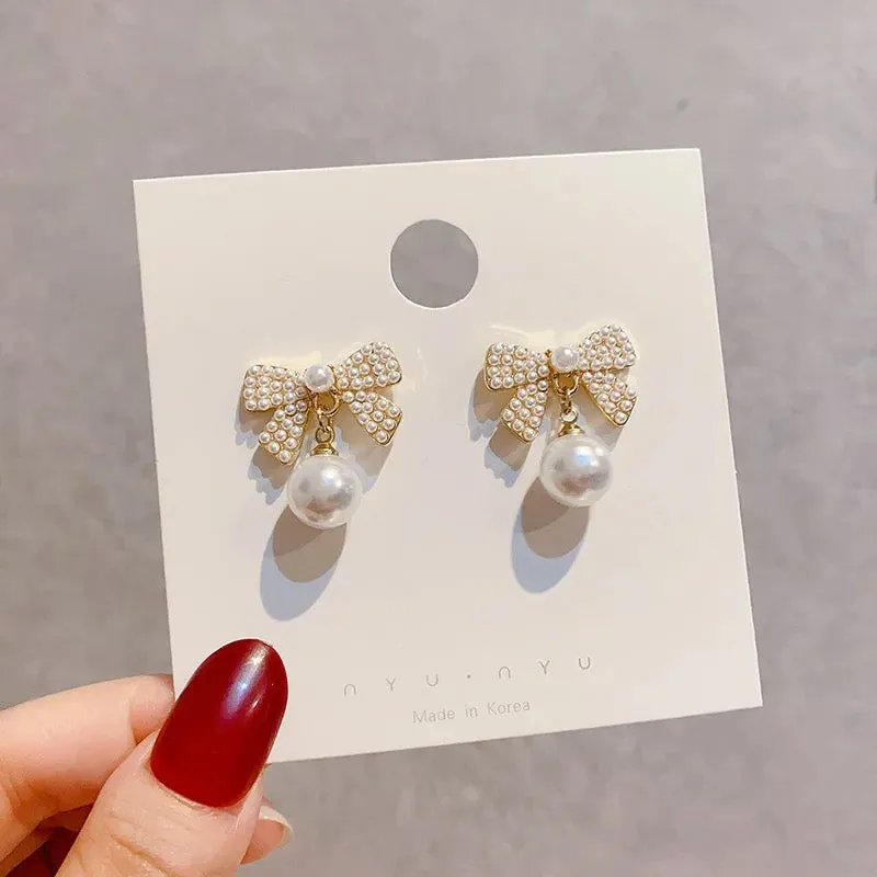Korean Bow Tie Pearl Stud Earrings