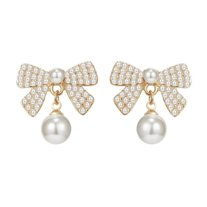 Korean Bow Tie Pearl Stud Earrings