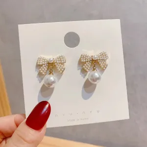 Korean Bow Tie Pearl Stud Earrings