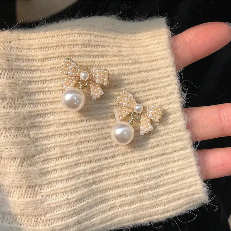 Korean Bow Tie Pearl Stud Earrings