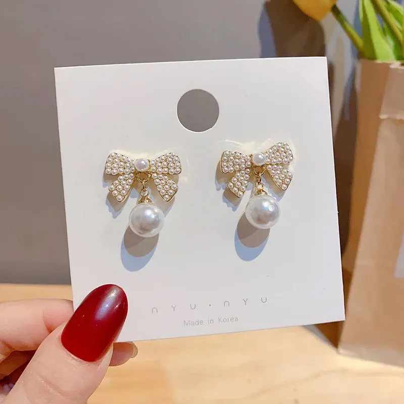 Korean Bow Tie Pearl Stud Earrings
