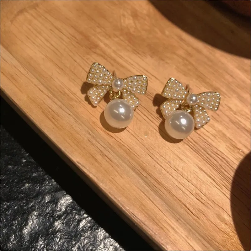 Korean Bow Tie Pearl Stud Earrings