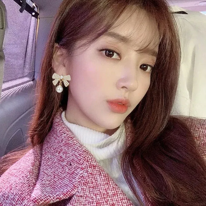 Korean Bow Tie Pearl Stud Earrings