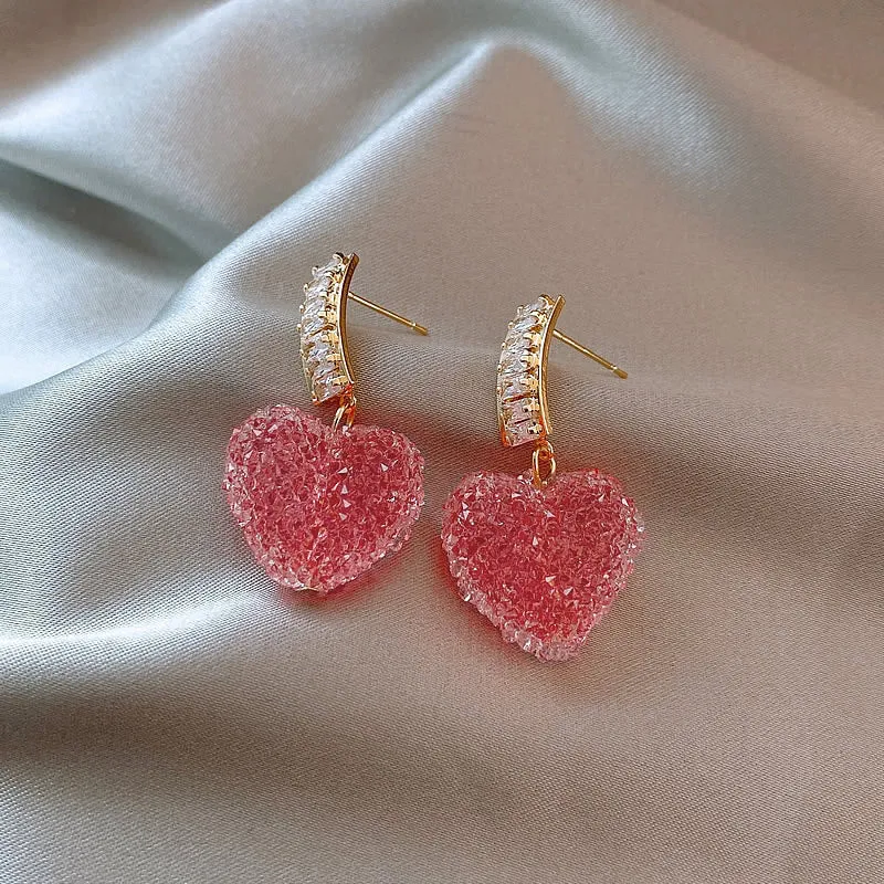 Korean Pink Heart Crystal Drop Earrings