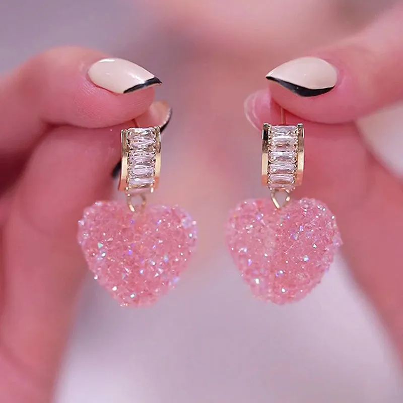 Korean Pink Heart Crystal Drop Earrings
