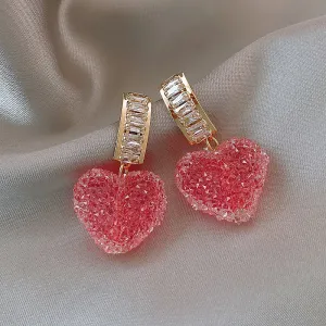 Korean Pink Heart Crystal Drop Earrings