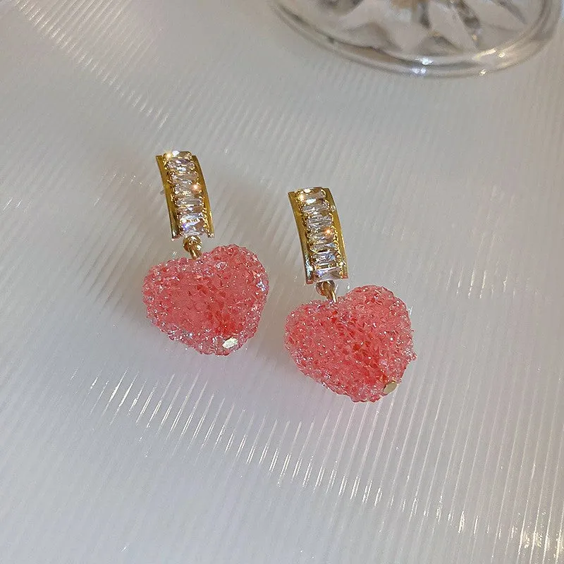 Korean Pink Heart Crystal Drop Earrings
