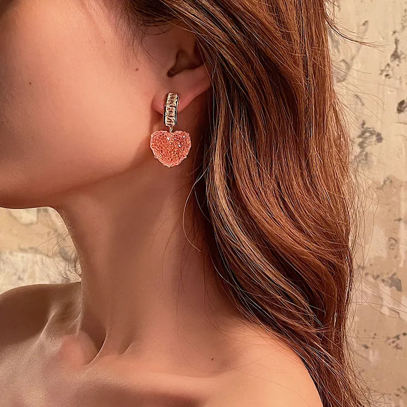 Korean Pink Heart Crystal Drop Earrings