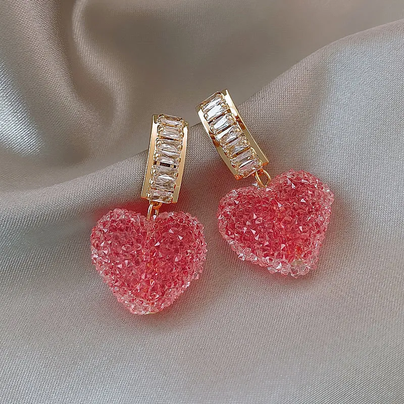 Korean Pink Heart Crystal Drop Earrings