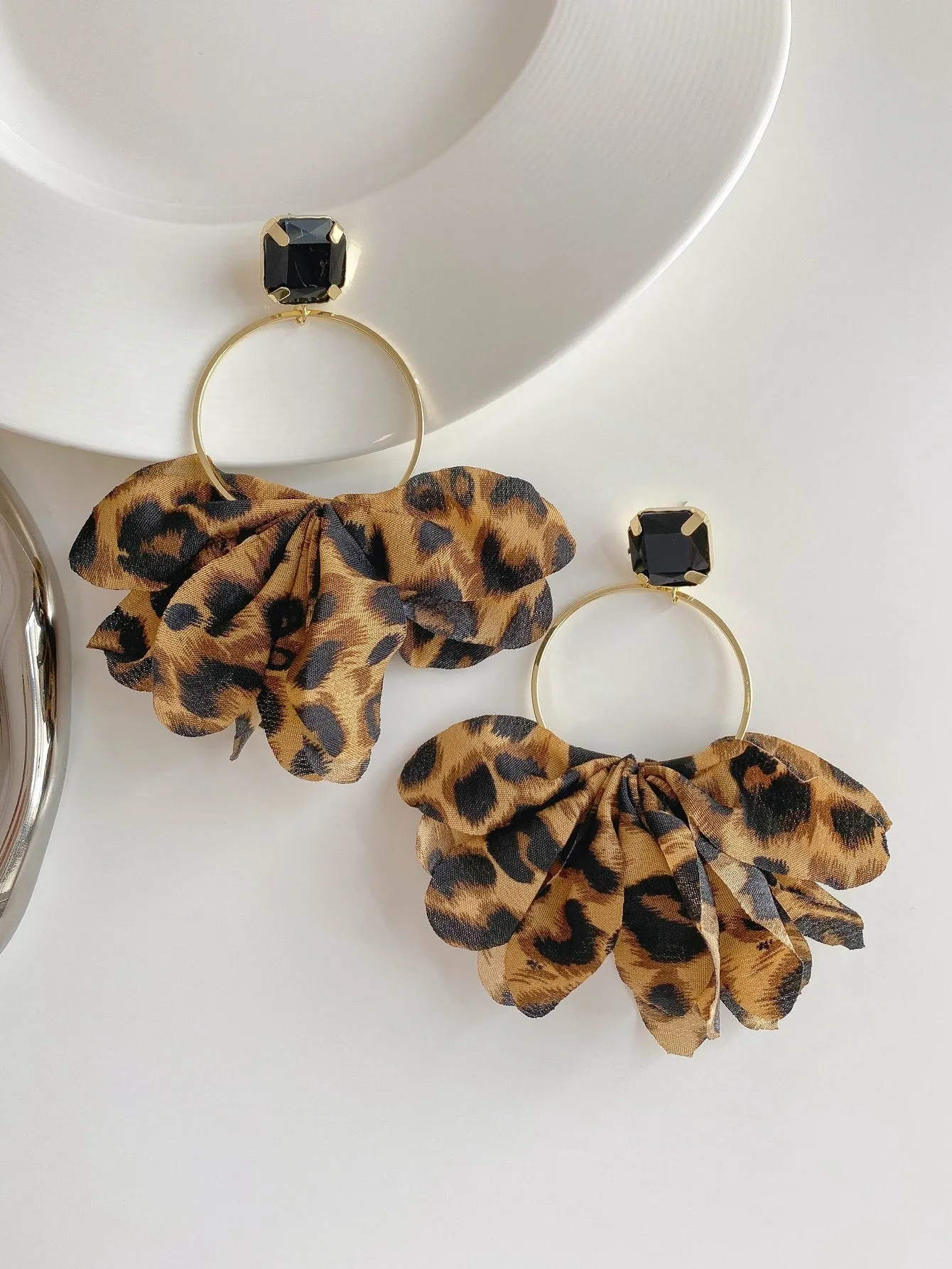 Leopard Fabric Petal Decor Earrings - Multicolor- FD ⚡