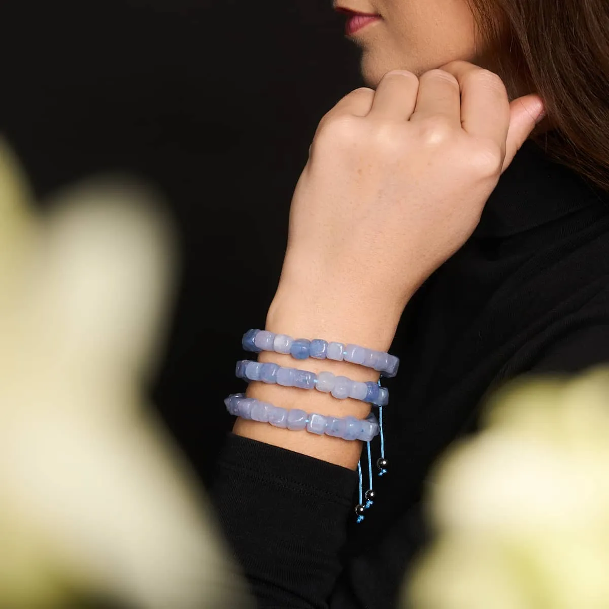 Light Blue Quartz | Silver | Gemstone Pebble Macrame Bracelet