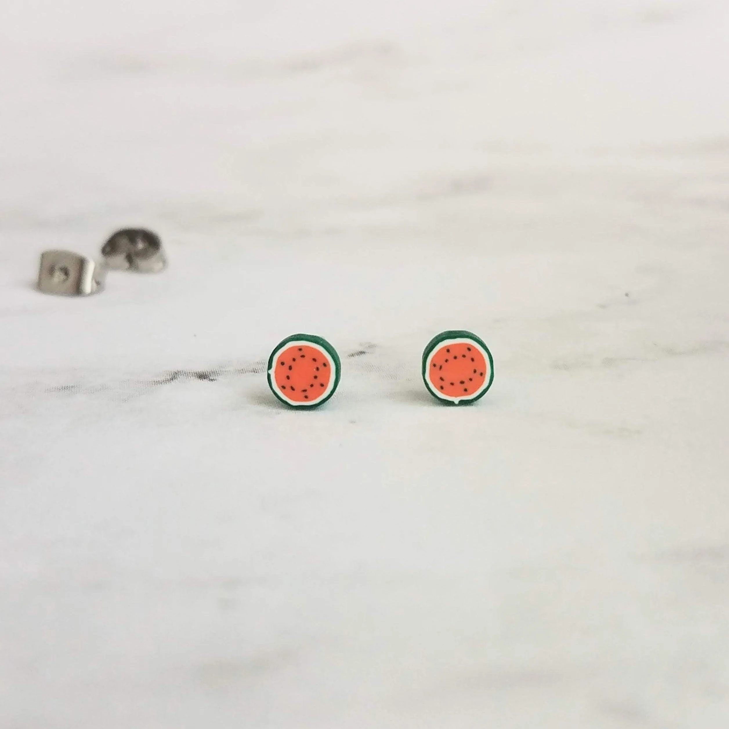 Little Watermelon Earrings, melon slice earring, watermelon stud, fruit studs, red green fruit slice earring, surgical steel posts, magnetic