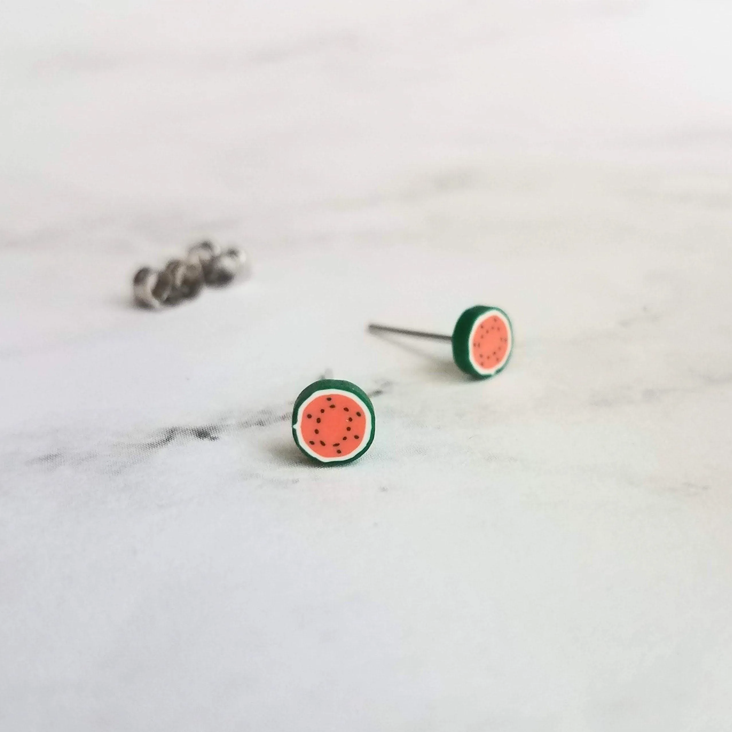 Little Watermelon Earrings, melon slice earring, watermelon stud, fruit studs, red green fruit slice earring, surgical steel posts, magnetic