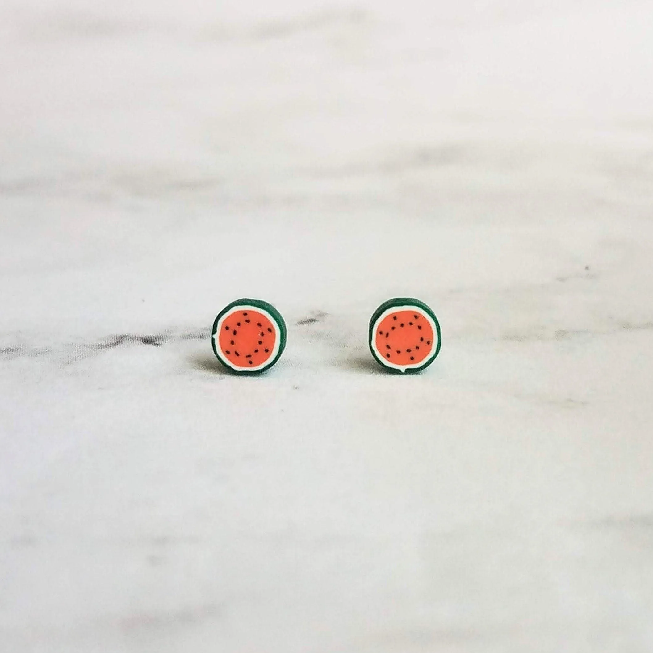 Little Watermelon Earrings, melon slice earring, watermelon stud, fruit studs, red green fruit slice earring, surgical steel posts, magnetic