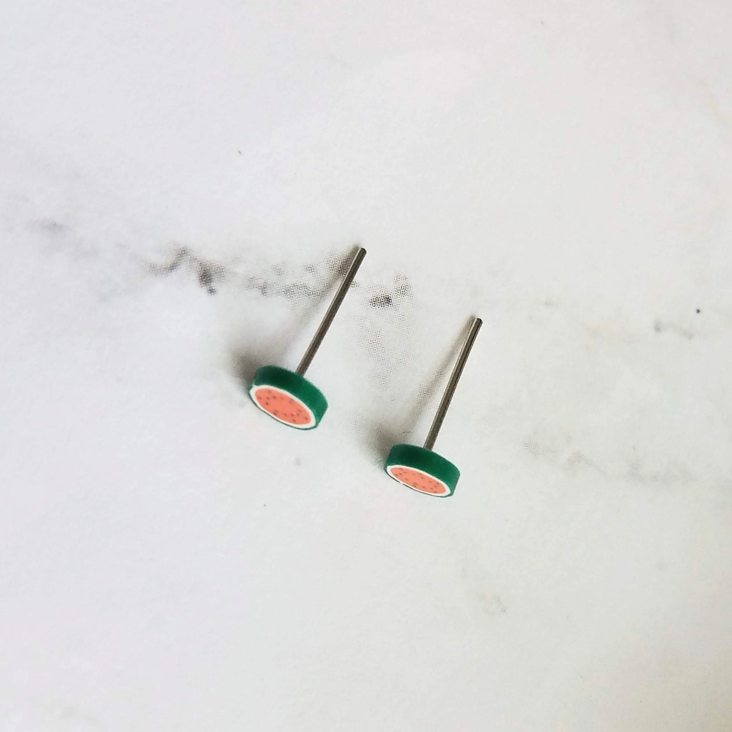 Little Watermelon Earrings, melon slice earring, watermelon stud, fruit studs, red green fruit slice earring, surgical steel posts, magnetic