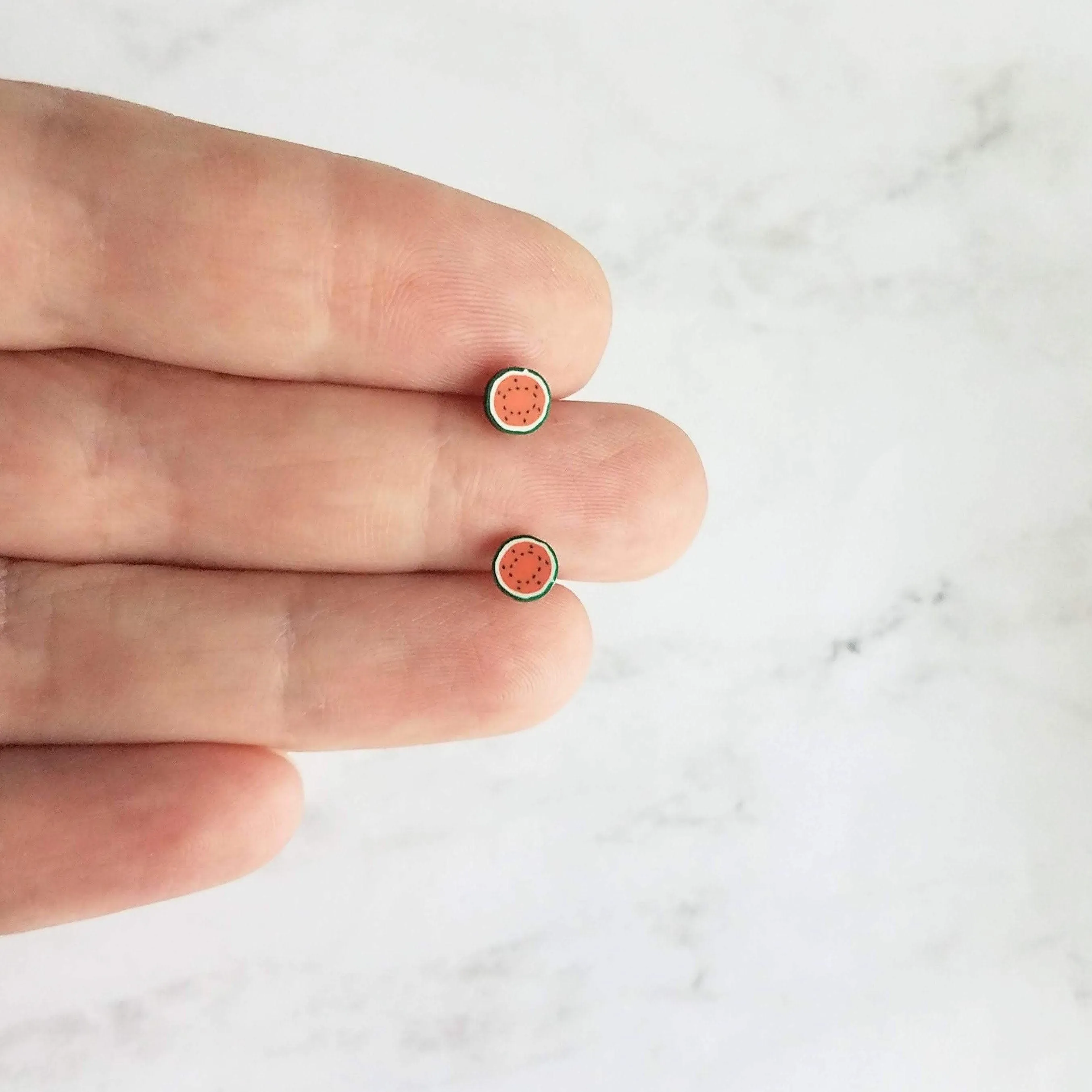 Little Watermelon Earrings, melon slice earring, watermelon stud, fruit studs, red green fruit slice earring, surgical steel posts, magnetic