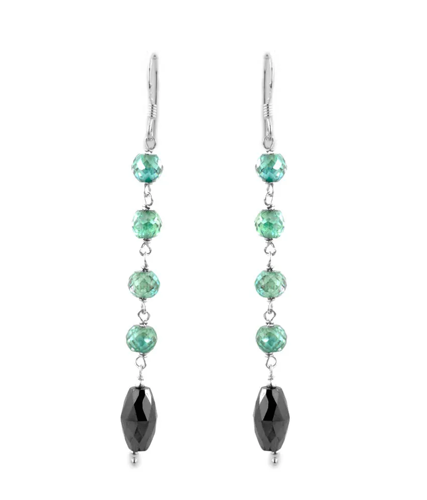 Long Drum Shape Black Diamond Dangler Earrings with Blue Diamond Beads