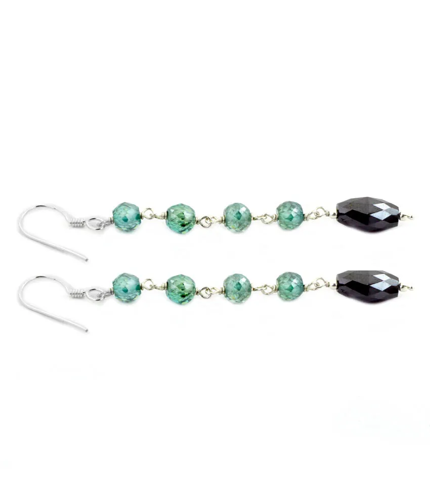 Long Drum Shape Black Diamond Dangler Earrings with Blue Diamond Beads