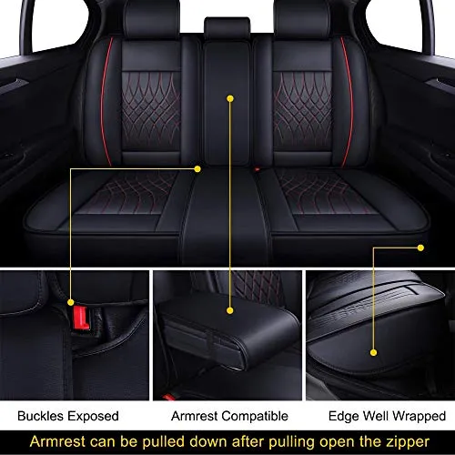 LUCKYMAN CLUB 5 Car Seat Covers Full Set with Waterproof Faux Leather Universal fit for RAV4 Accord Altima Tacoma Rogue CX5 CRV (Black&Red Full Set)