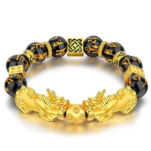 Luxury Black Obsidian Stone Beads Bracelet Gold Color Buddha Good Luck Wealth Bracelets for Women and Men