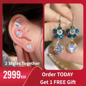 Magnetic Ear Clips & Blue Crystal Flower Earrings
