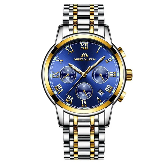 MEGALITH Luxury Luminous Watches Men Waterproof Stainless Steel Analogue Wrist Watch Chronograph Date Quartz Watch Montre Homme