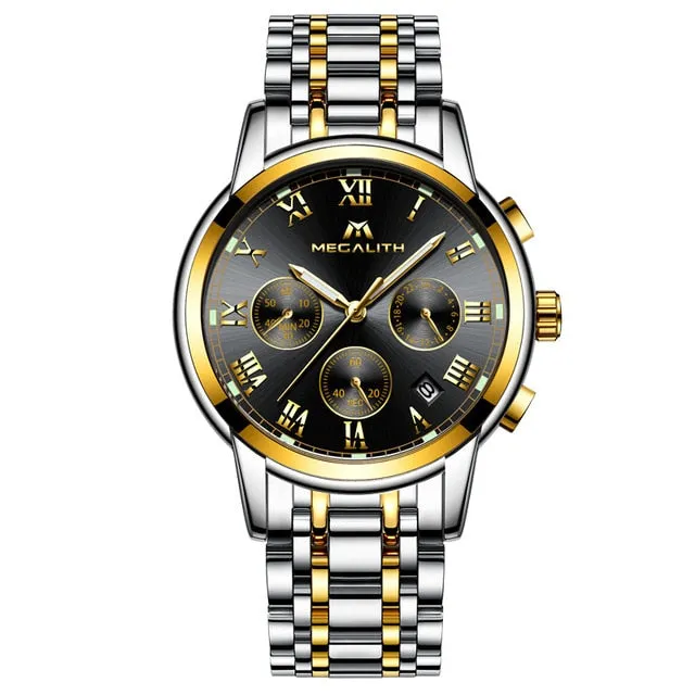 MEGALITH Luxury Luminous Watches Men Waterproof Stainless Steel Analogue Wrist Watch Chronograph Date Quartz Watch Montre Homme
