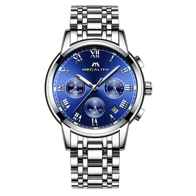 MEGALITH Luxury Luminous Watches Men Waterproof Stainless Steel Analogue Wrist Watch Chronograph Date Quartz Watch Montre Homme