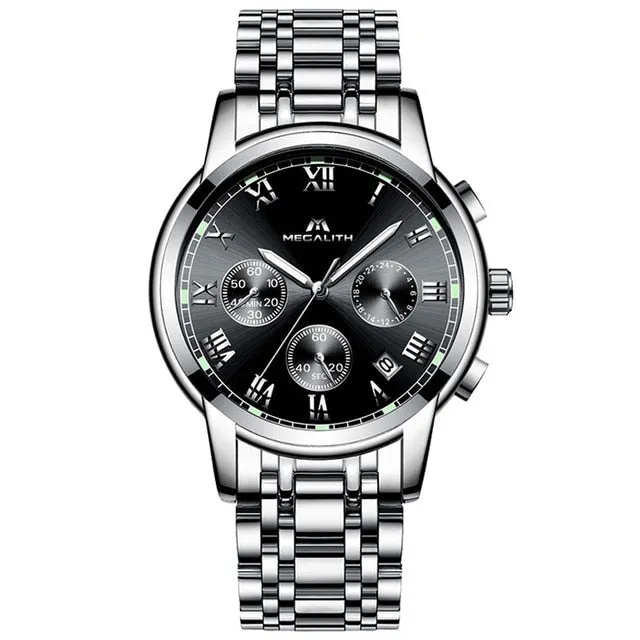 MEGALITH Luxury Luminous Watches Men Waterproof Stainless Steel Analogue Wrist Watch Chronograph Date Quartz Watch Montre Homme