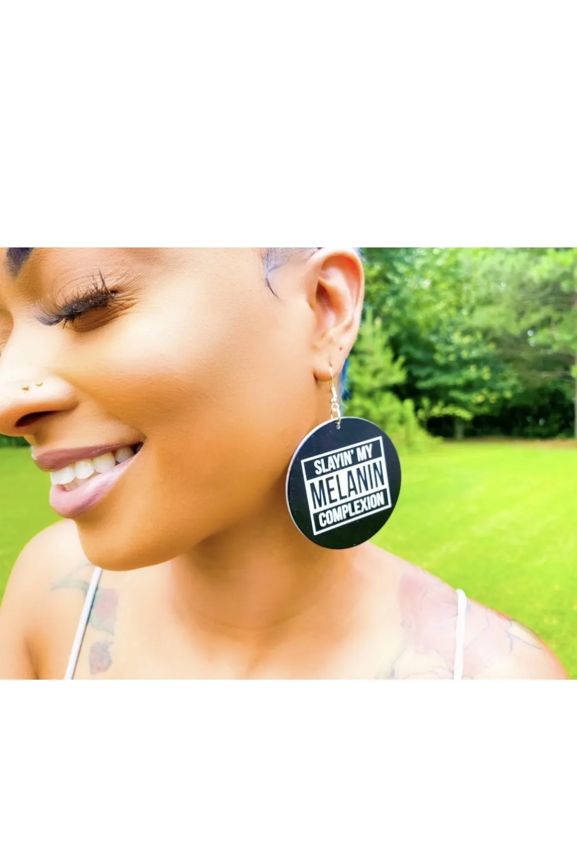 Melanin Hoop Drop Earrings - Handmade Wood Circle Statement Jewelry with Brass Ear Hooks in Black and White Colors