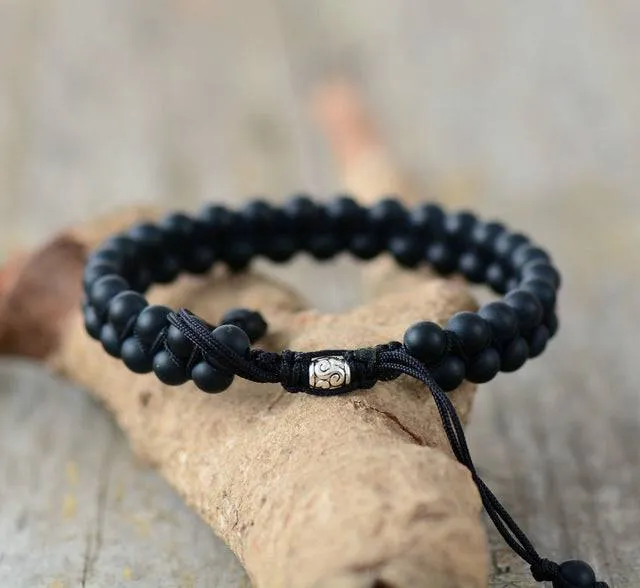 Men Bracelet Matte Onyx Black Cord Steampunk