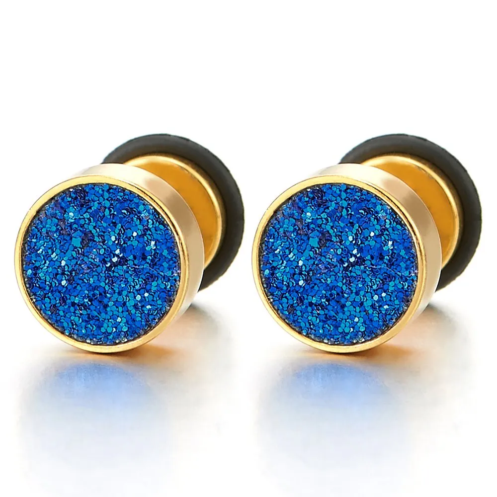 Men Women Black Screw Circle Stud Earrings with Black Sand Glitter, Steel Cheater Fake Plugs Gauge