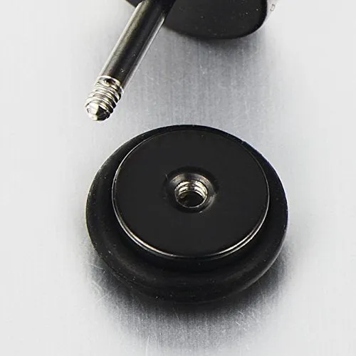 Men Women Black Screw Circle Stud Earrings with Black Sand Glitter, Steel Cheater Fake Plugs Gauge