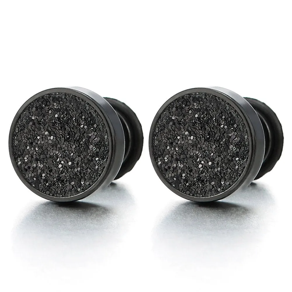 Men Women Black Screw Circle Stud Earrings with Black Sand Glitter, Steel Cheater Fake Plugs Gauge