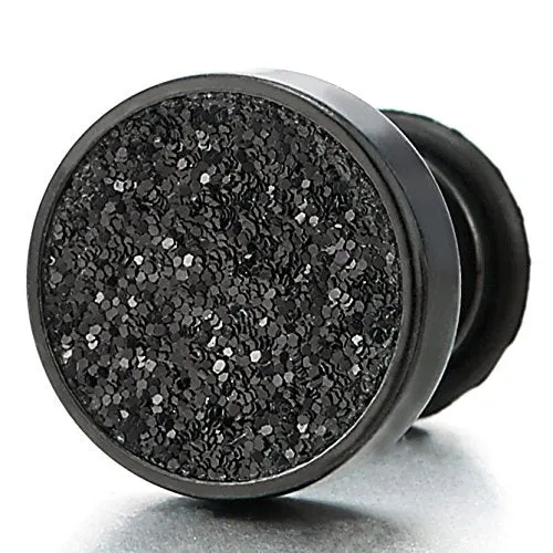 Men Women Black Screw Circle Stud Earrings with Black Sand Glitter, Steel Cheater Fake Plugs Gauge