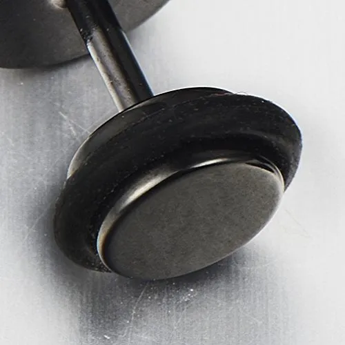 Men Women Black Screw Circle Stud Earrings with Black Sand Glitter, Steel Cheater Fake Plugs Gauge