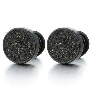 Men Women Black Screw Circle Stud Earrings with Black Sand Glitter, Steel Cheater Fake Plugs Gauge
