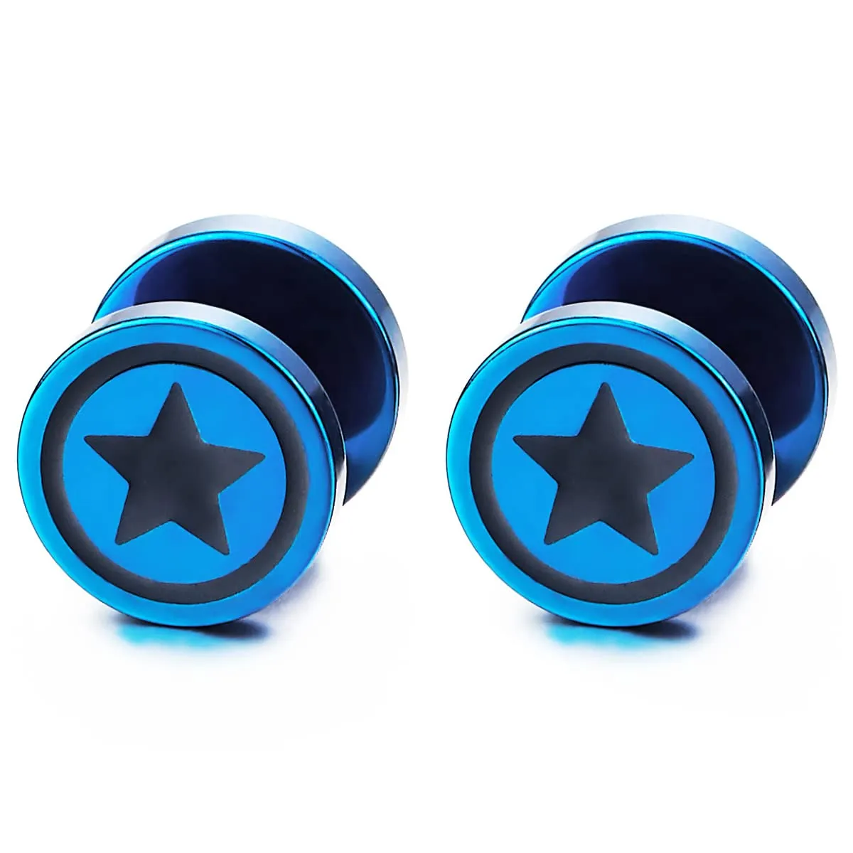 Men Women Blue Circle Star Stud Earring Black Enamel, Steel Cheater Fake Ear Plugs Gauges Tunnel