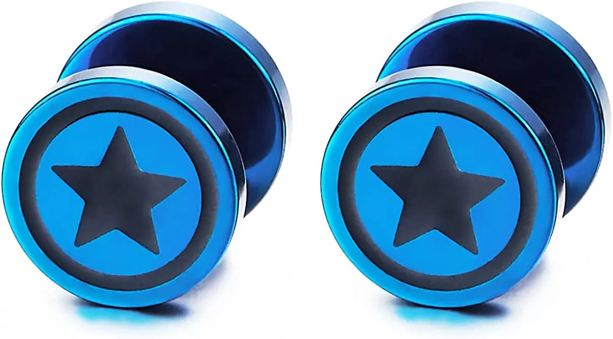 Men Women Blue Circle Star Stud Earring Black Enamel, Steel Cheater Fake Ear Plugs Gauges Tunnel