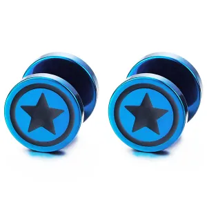 Men Women Blue Circle Star Stud Earring Black Enamel, Steel Cheater Fake Ear Plugs Gauges Tunnel