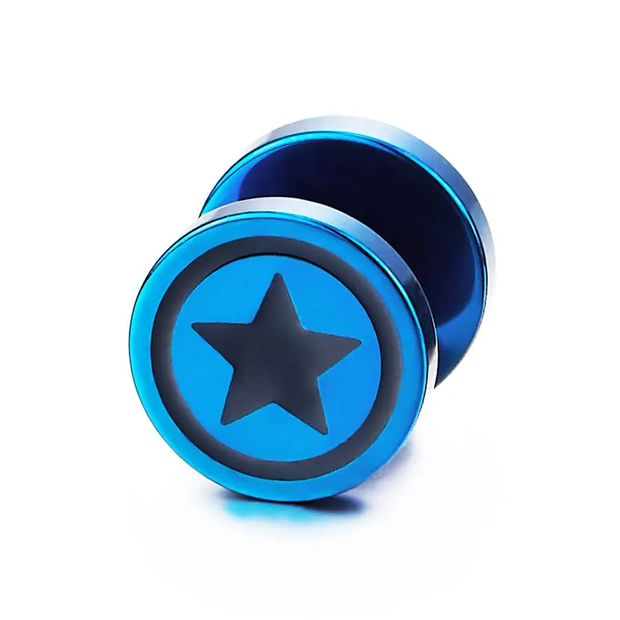 Men Women Blue Circle Star Stud Earring Black Enamel, Steel Cheater Fake Ear Plugs Gauges Tunnel