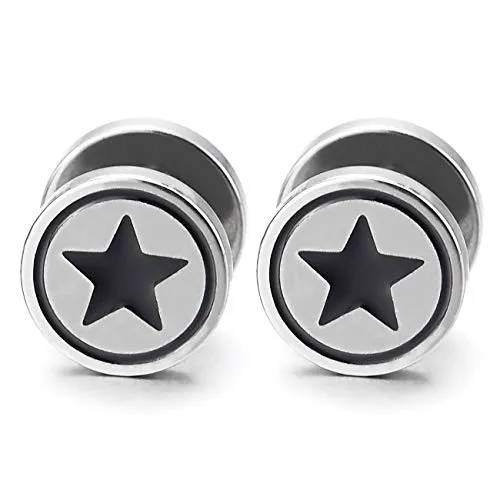 Men Women Circle Star Stud Earring Black Enamel, Steel Cheater Fake Ear Plugs Gauges Illusion Tunnel