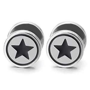 Men Women Circle Star Stud Earring Black Enamel, Steel Cheater Fake Ear Plugs Gauges Illusion Tunnel