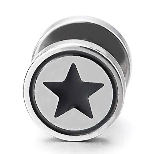 Men Women Circle Star Stud Earring Black Enamel, Steel Cheater Fake Ear Plugs Gauges Illusion Tunnel