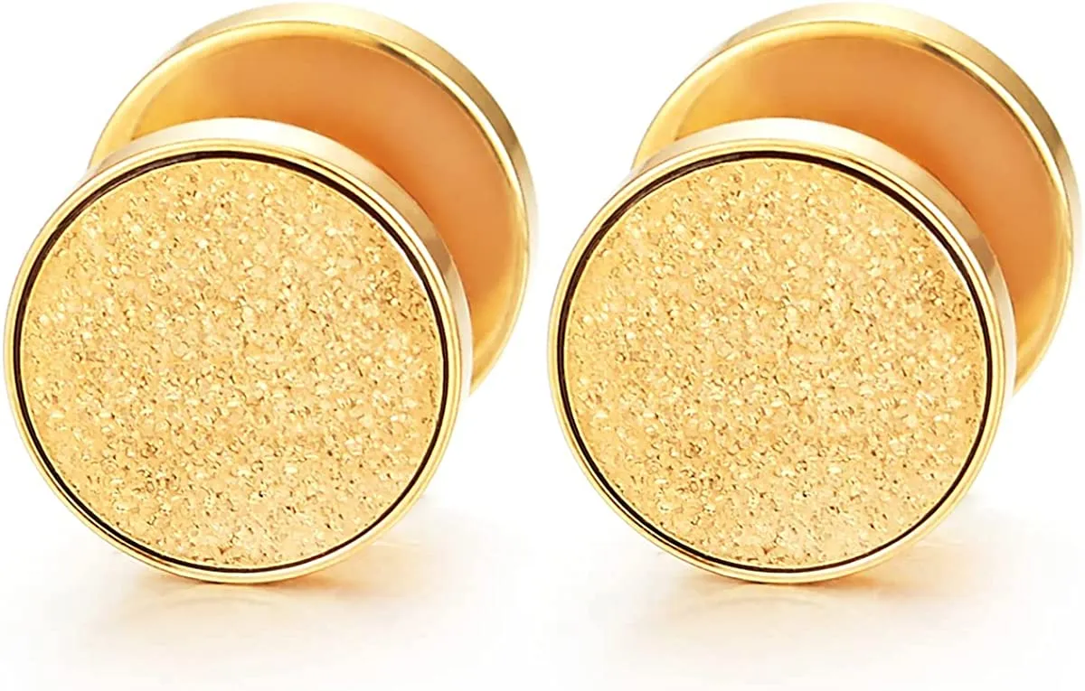 Men Women Gold Color Screw Circle Stud Earrings with Sand Glitter, Steel Cheater Fake Plugs Gauges