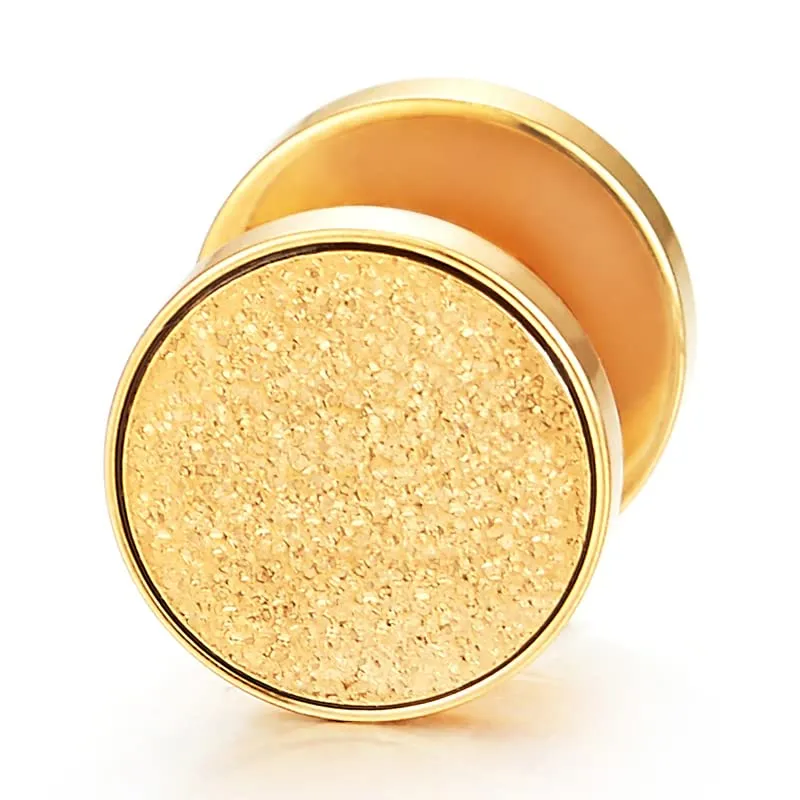 Men Women Gold Color Screw Circle Stud Earrings with Sand Glitter, Steel Cheater Fake Plugs Gauges