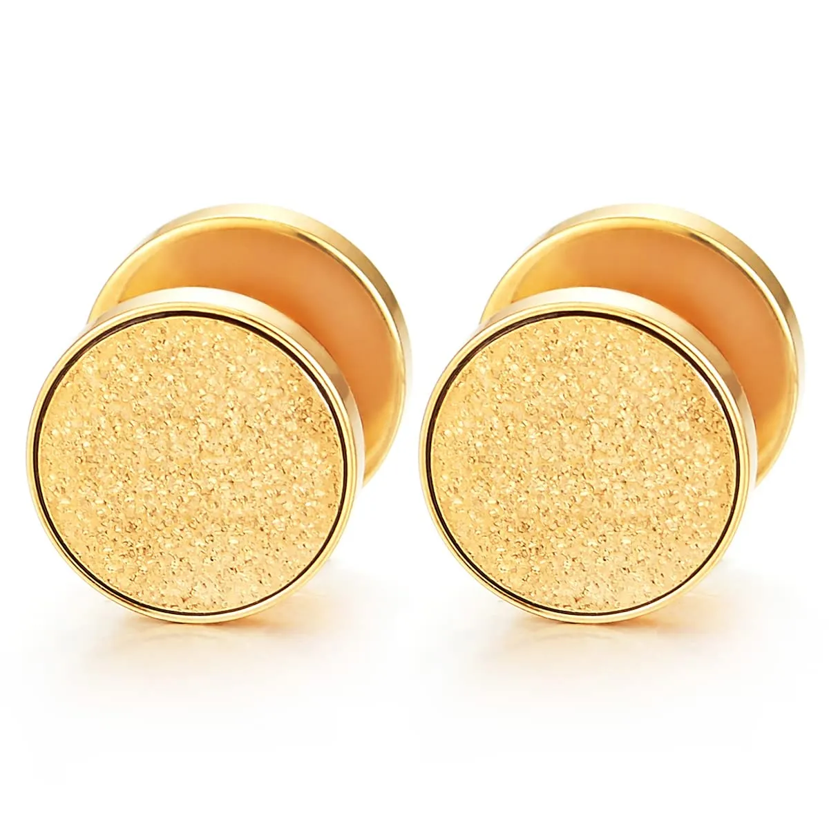 Men Women Gold Color Screw Circle Stud Earrings with Sand Glitter, Steel Cheater Fake Plugs Gauges